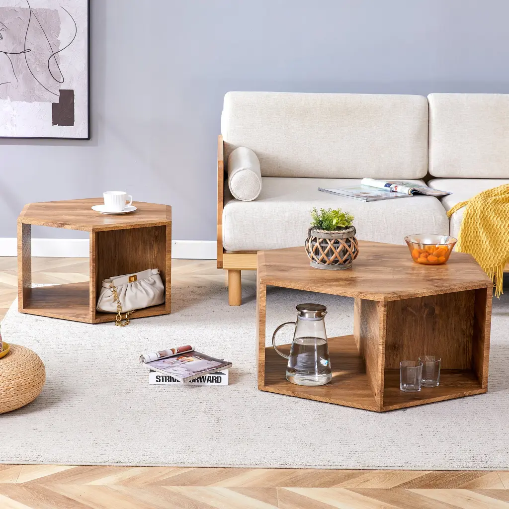 Modern Minimalist Wood Color Hexagonal Coffee Table Set MDF droom w-1151