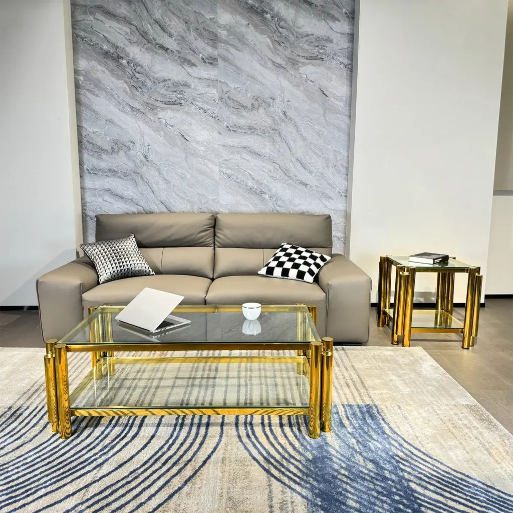 Modern Stainless Steel Coffee Table Set 2 Double Layer Clear Glass Top fjh