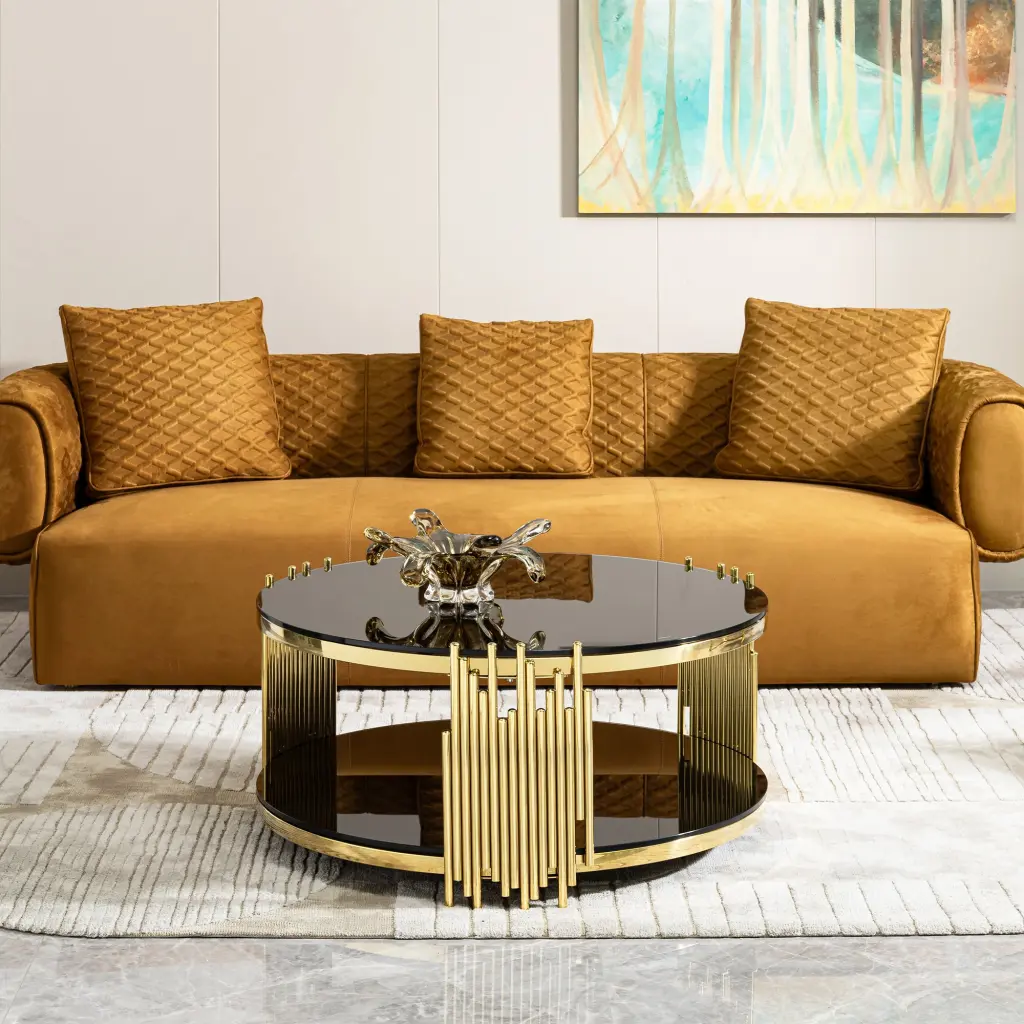 Double Layer Black Tempered Crystal Top Stainless Alloy Metal Round Coffee Table foshan dahui furniture co.-ltd.