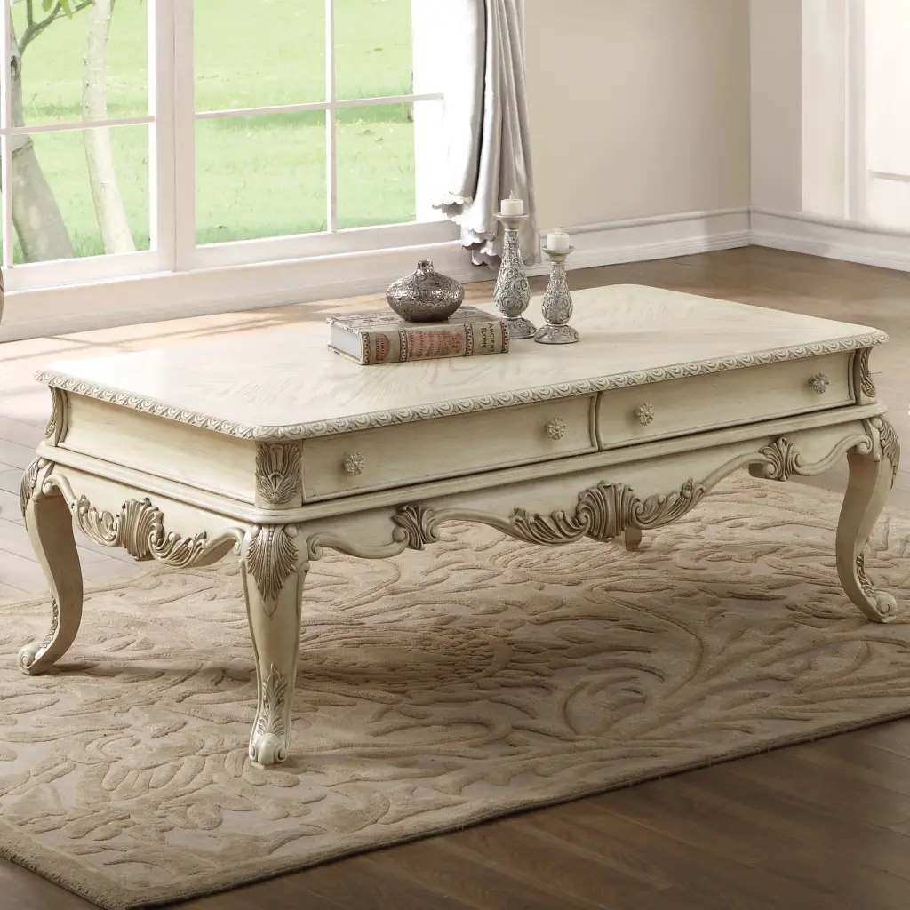 Antique White 2 Drawer Coffee Table Cabriole Legs Vintage Style Living Room Furniture furniture max