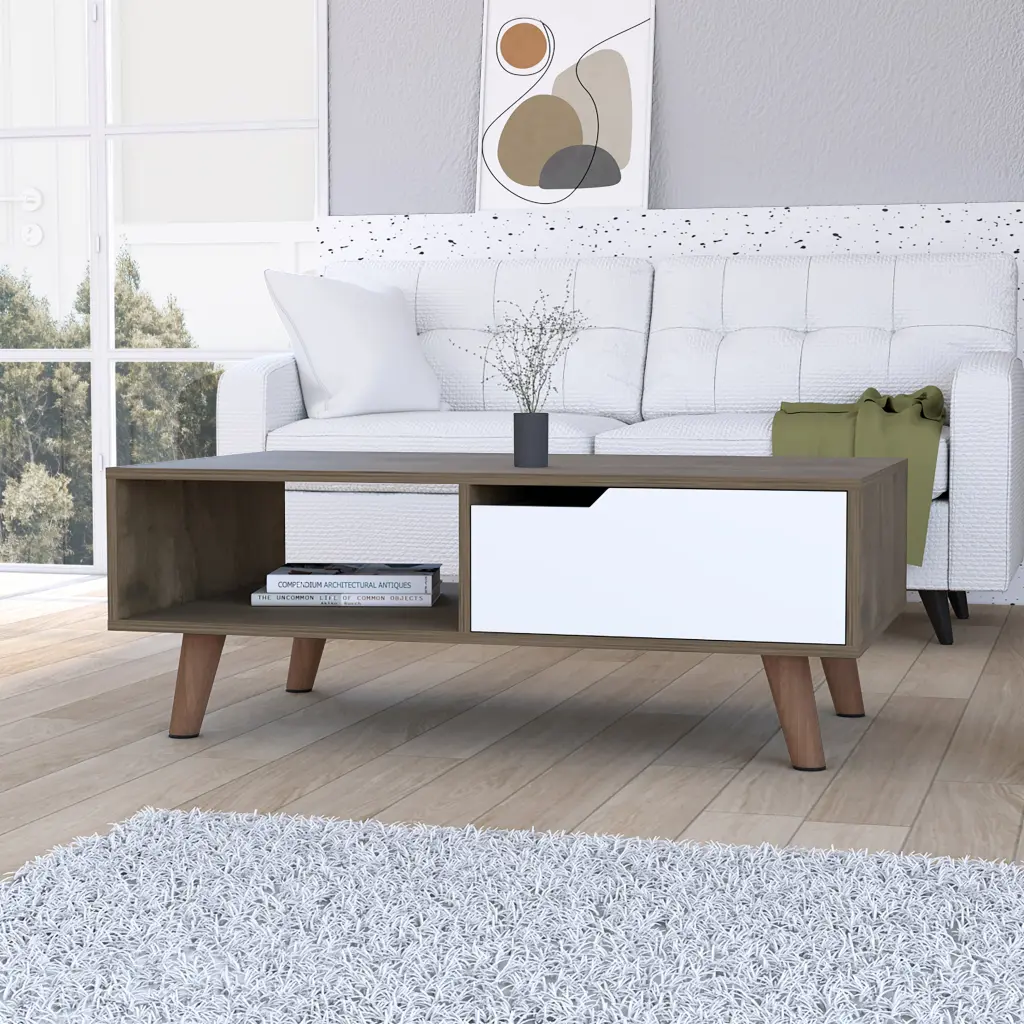 Dark Brown And White 1 Drawer 1 Shelf Rectangle Coffee Table Living Room furniture max