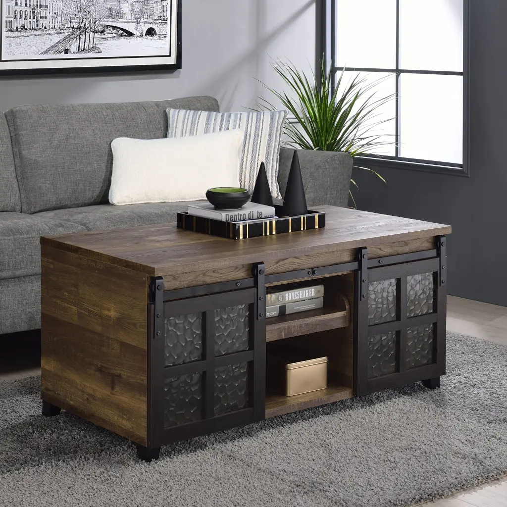 Rustic Oak Black Coffee Table Sliding Doors Primary Living Room Furniture furniture max