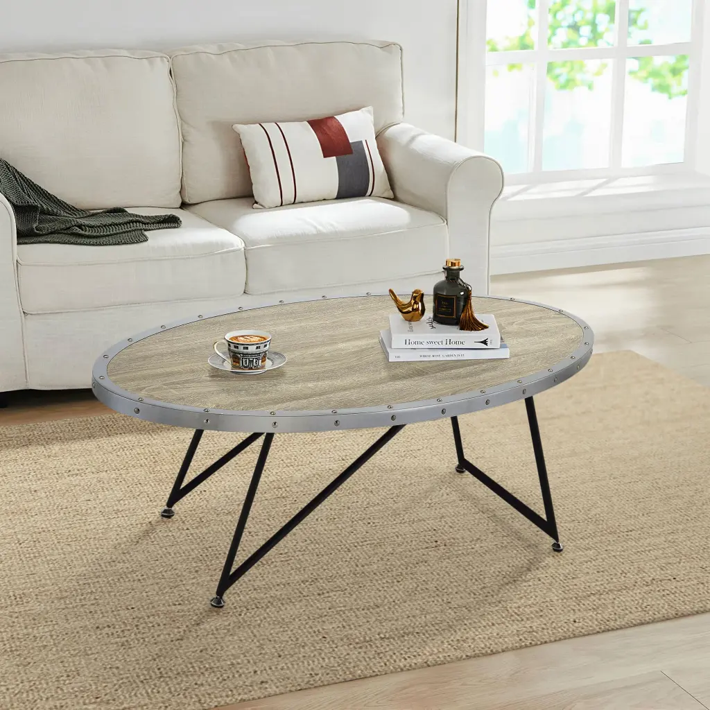 Weathered Grey Oak And Black Oval Coffee Table Modern Living Room Centerpiece furniture max