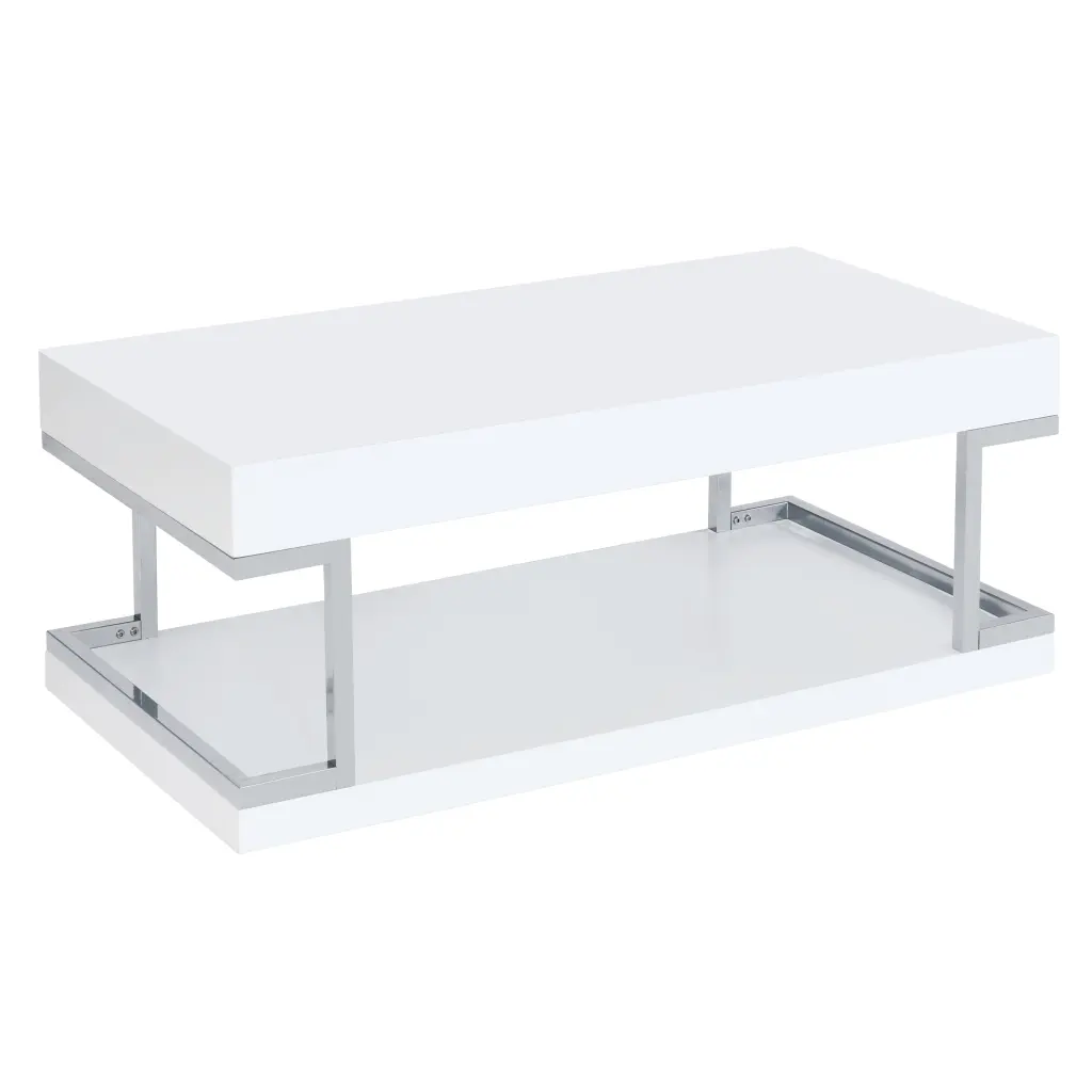 White High Gloss And Chrome Coffee Table Bottom Shelf Modern Living Room Furniture furniture max