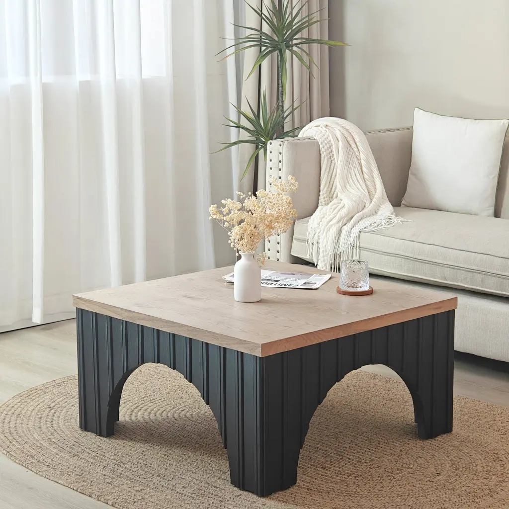 Modern Rustic Wooden Coffee Table Black Base and Solid Wood Top grandboard home