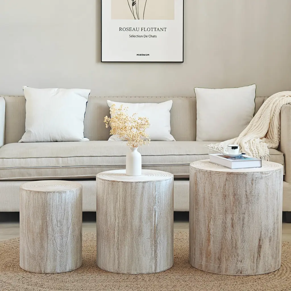 Set 3 Whitewash Timber Coffee Tables Clear Visible Tree Rings grandboard home