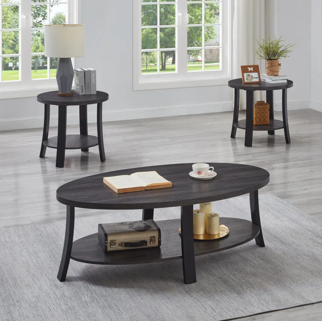Anze Contemporary Oval Timber Shelf 3 Piece Coffee Table Set Charcoal hz