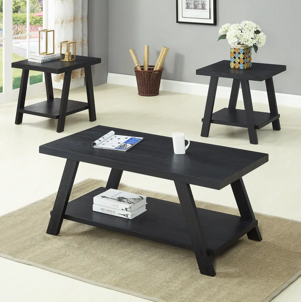 Athens Contemporary Replicated Timber Shelf Coffee Table Black Finish hz