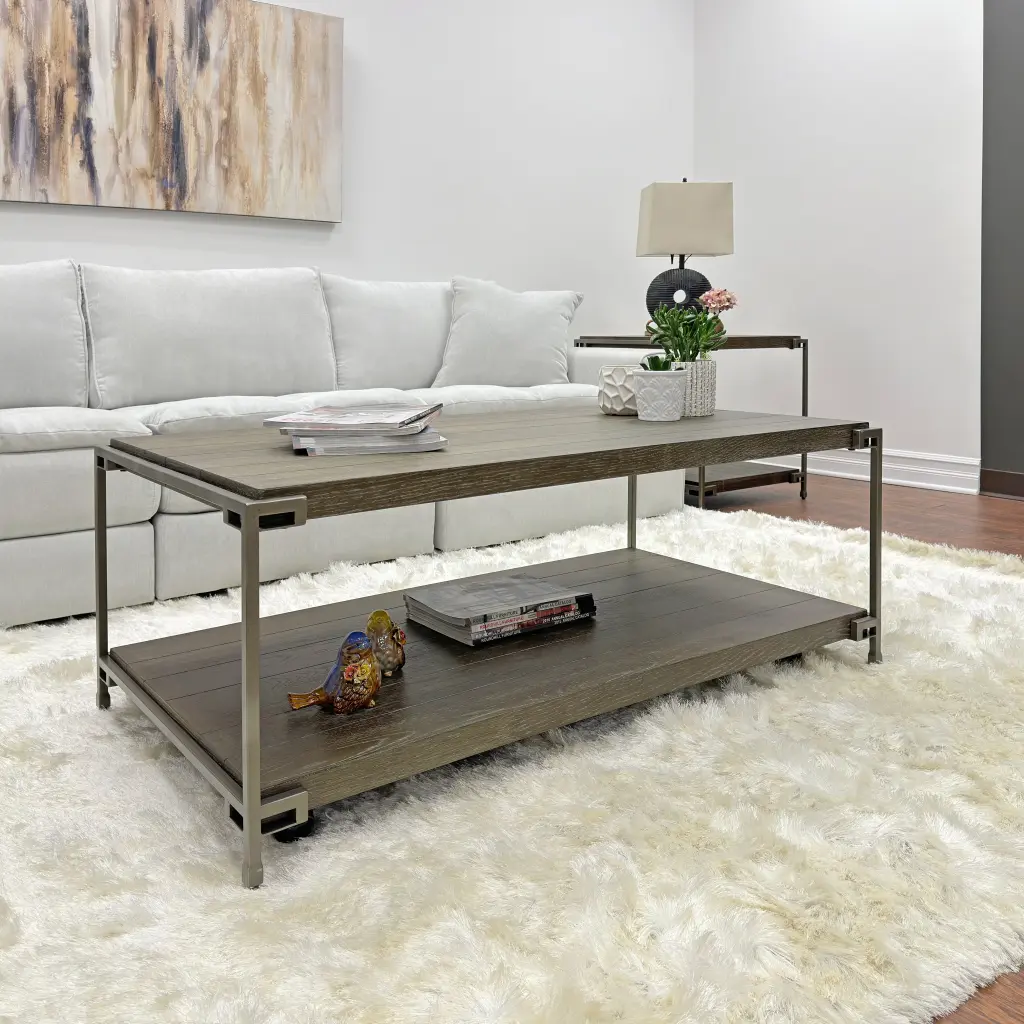 Corbeta Metallic Frame Timber Living Room Coffee Table Casters Brown W hz
