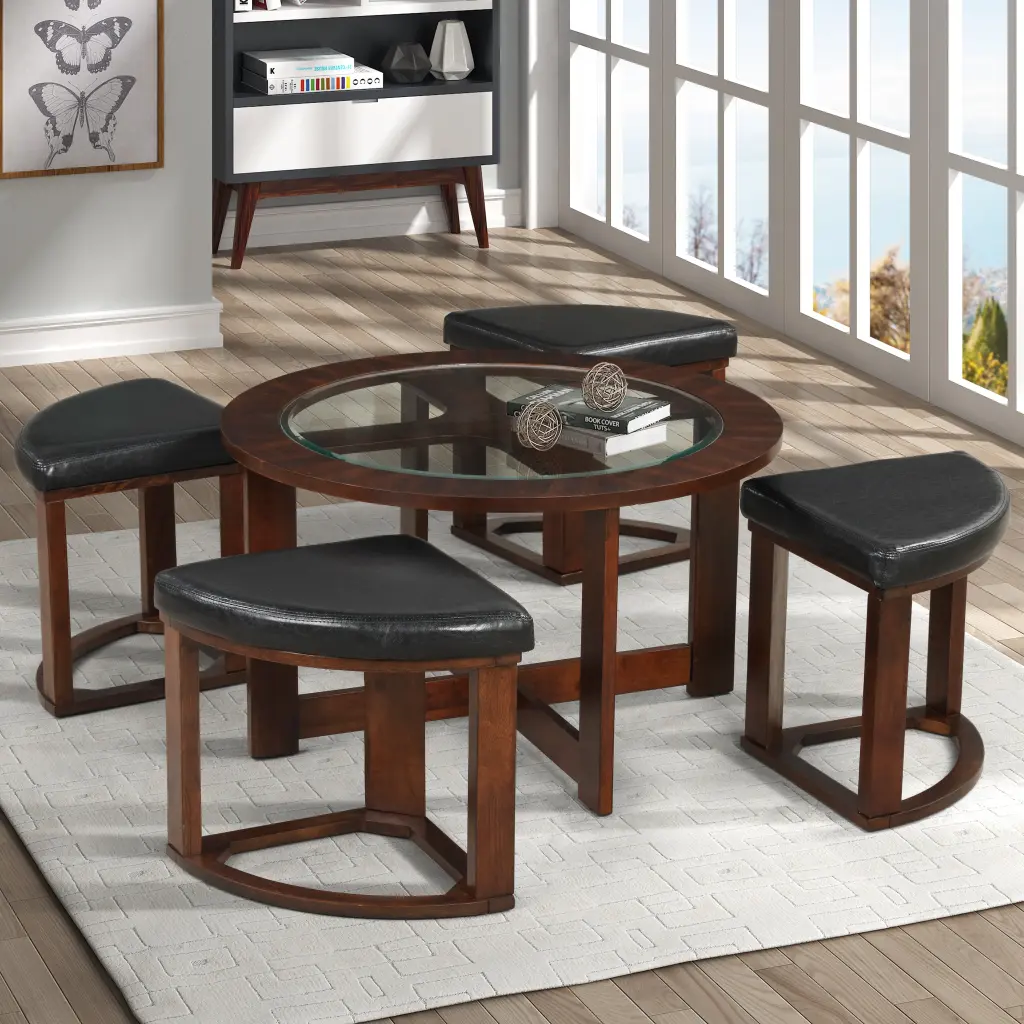 Cylina Solid Timber Crystal Top Round Coffee Table Set 4 Stools hz