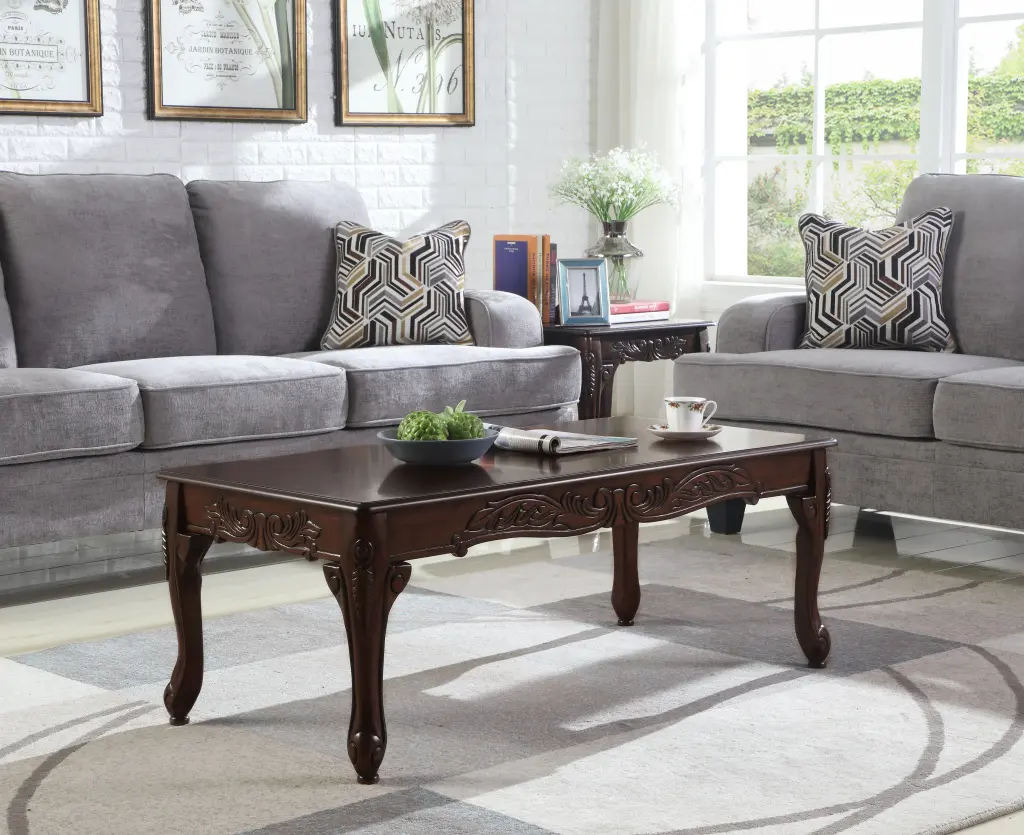 Traditional Ornate Dark Cherry Finish Wood Coffee Table Brown hz