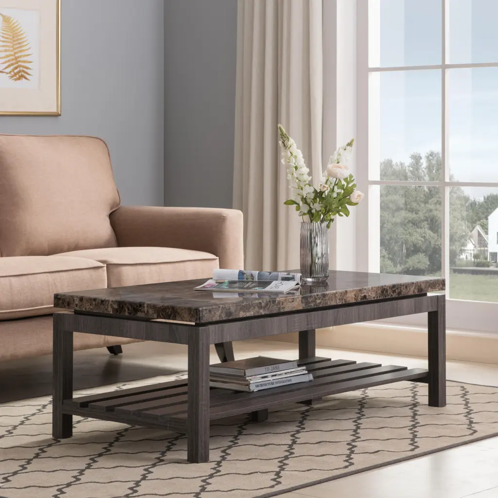Coffee Table Occasional Faux Marble Slat Shelf Country Farmhouse Style id international- inc.