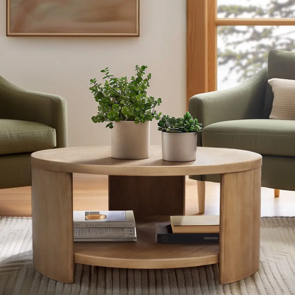 Round Coffee Table Shelf Natural Mdf Modern Living Room Center Table Storage jla
