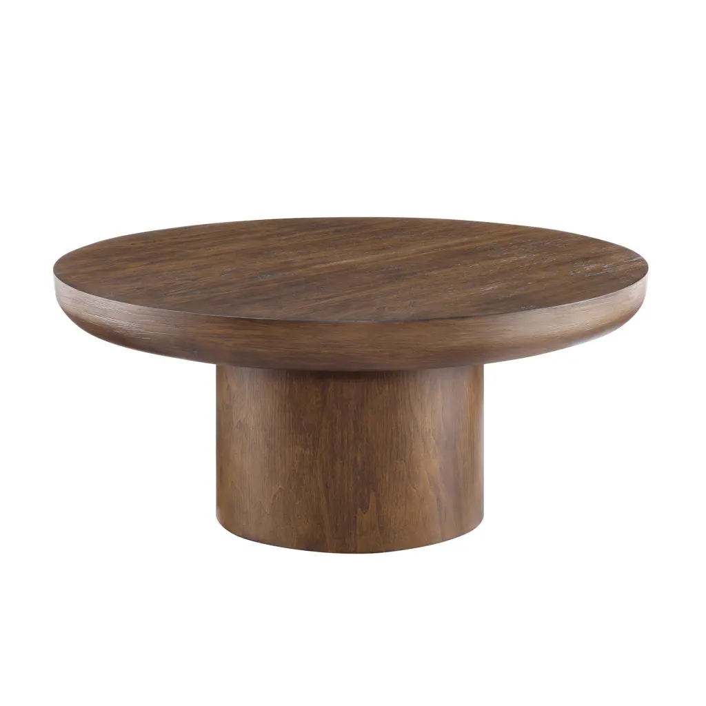 35.98 Inch Round Coffee Table Cylindrical Legs and Timber Veneer Top justone