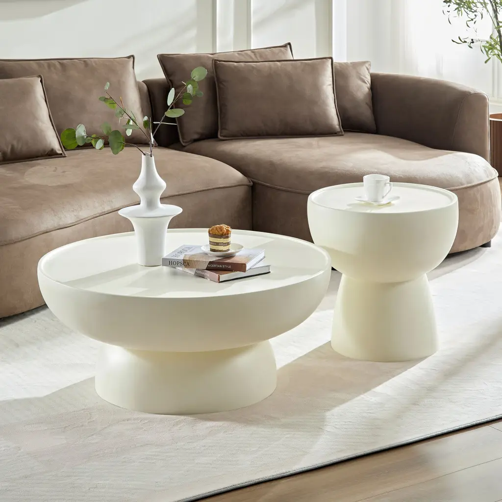 Fiberglass Cream Style Coffee Table Set 2 Matte White Living Room Furniture justone