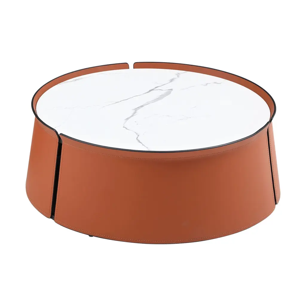 31.5 Inch Coffee Table Stone Top Orange Saddle Leather justone interior