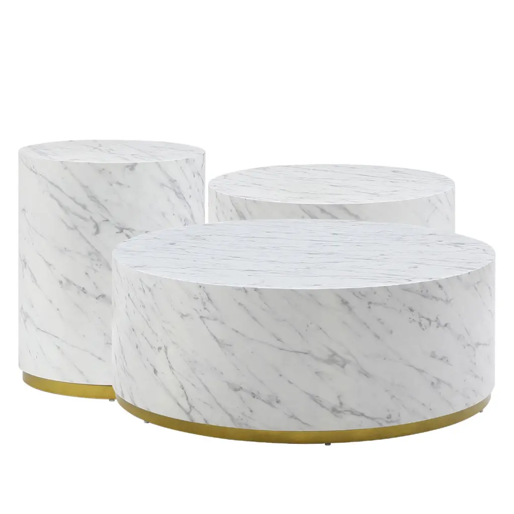 Set 3 White Marble Pattern Round Coffee Table Side Table End Table Living Room justone interior