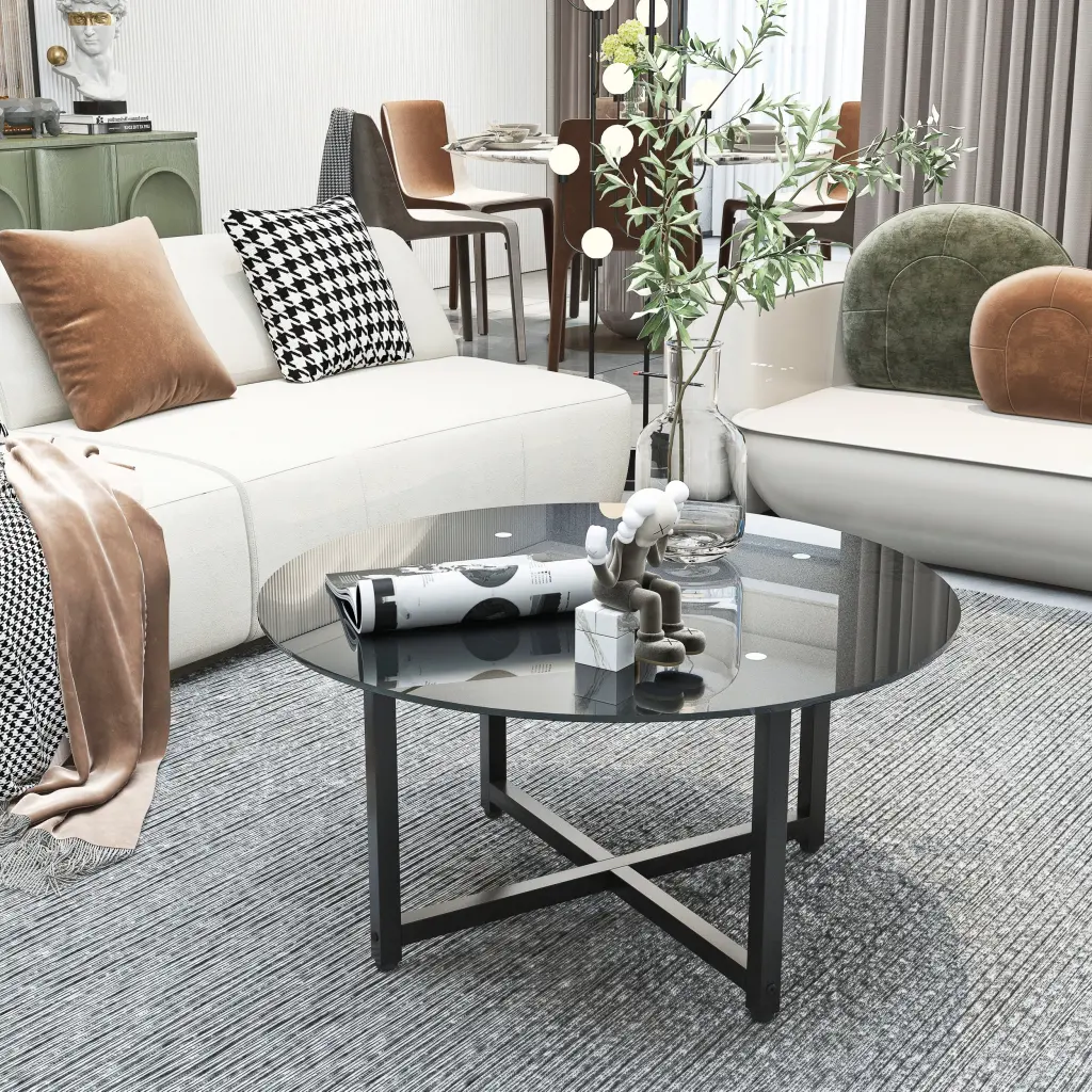 35.5 Inch Round Black Coffee Table Modern Clear Glass Side Table jws-w241