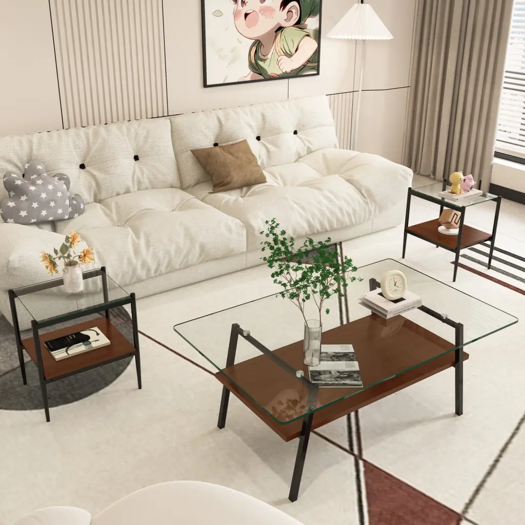 Coffee Table and End Tables Set 3 Tempered Glass and MDF Base jws-w241