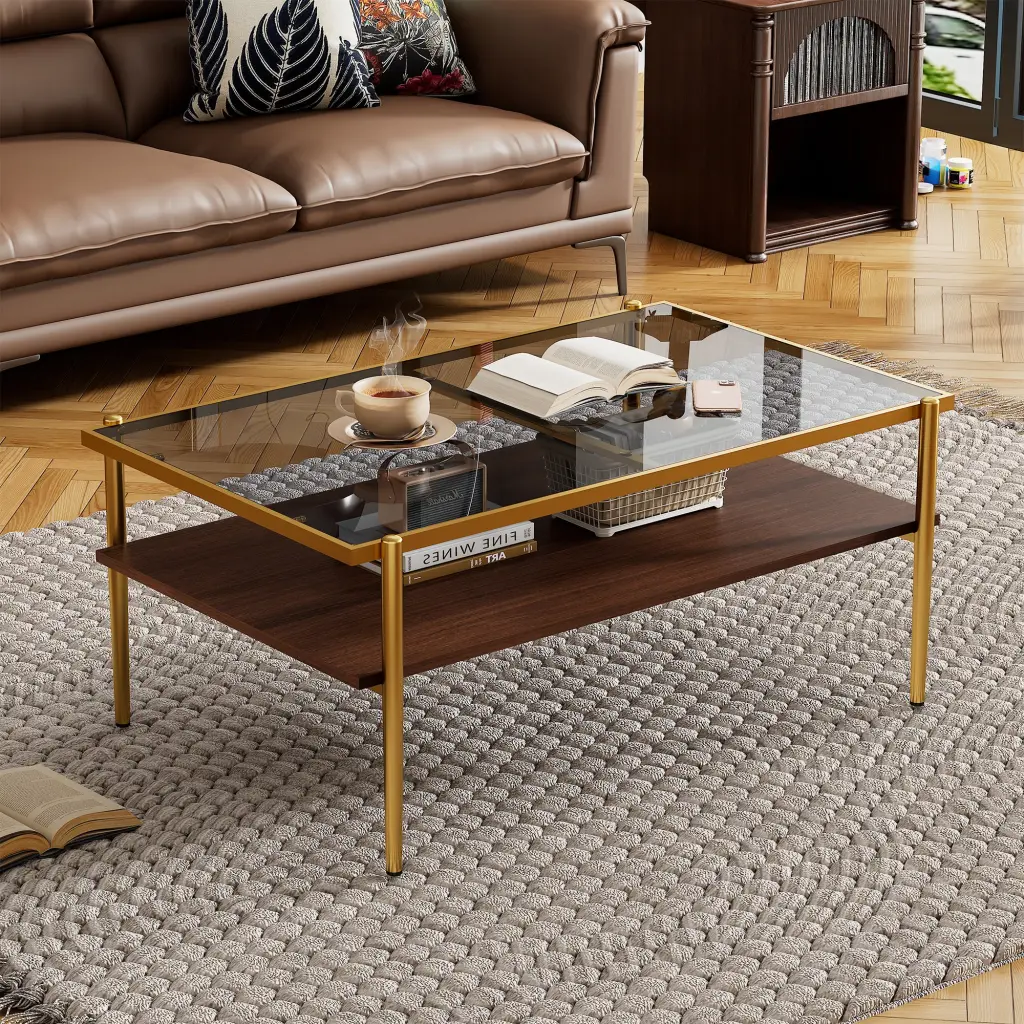 Rectangle Coffee Table Gray Tempered Crystal Top And Precious Metal Legs jws-w241