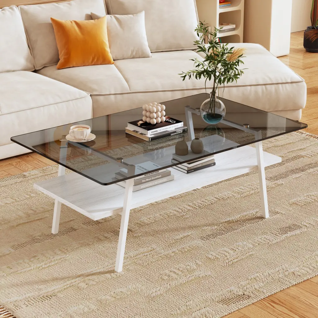 Rectangle Coffee Table Tempered Glass Top and White Metal Legs E-Readers jws-w241