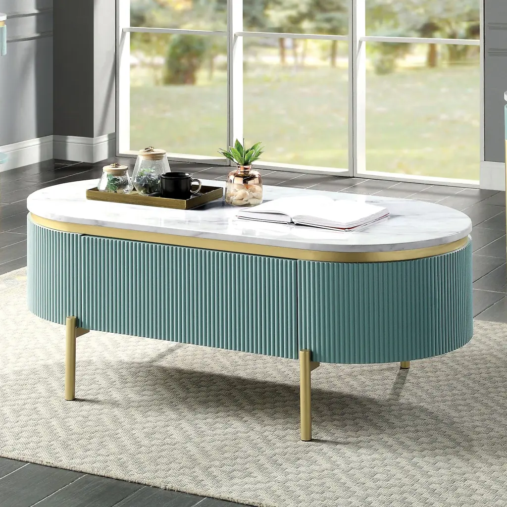 Glam Contemporary Light Teal 1 Piece Coffee Table White Faux Stone Top kanepe