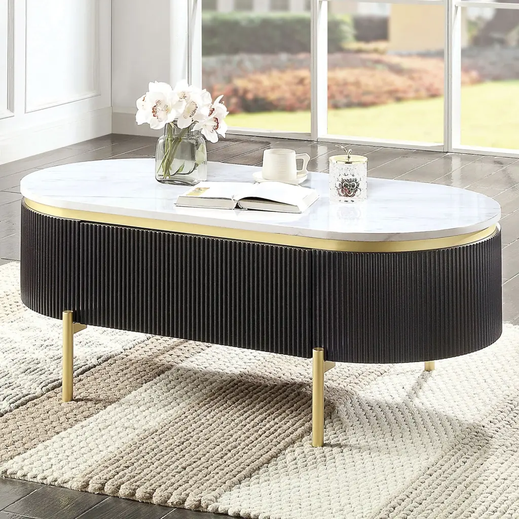 Gorgeous Dark Walnut Finish Coffee Table White Faux Stone Top Living Room Furniture kanepe