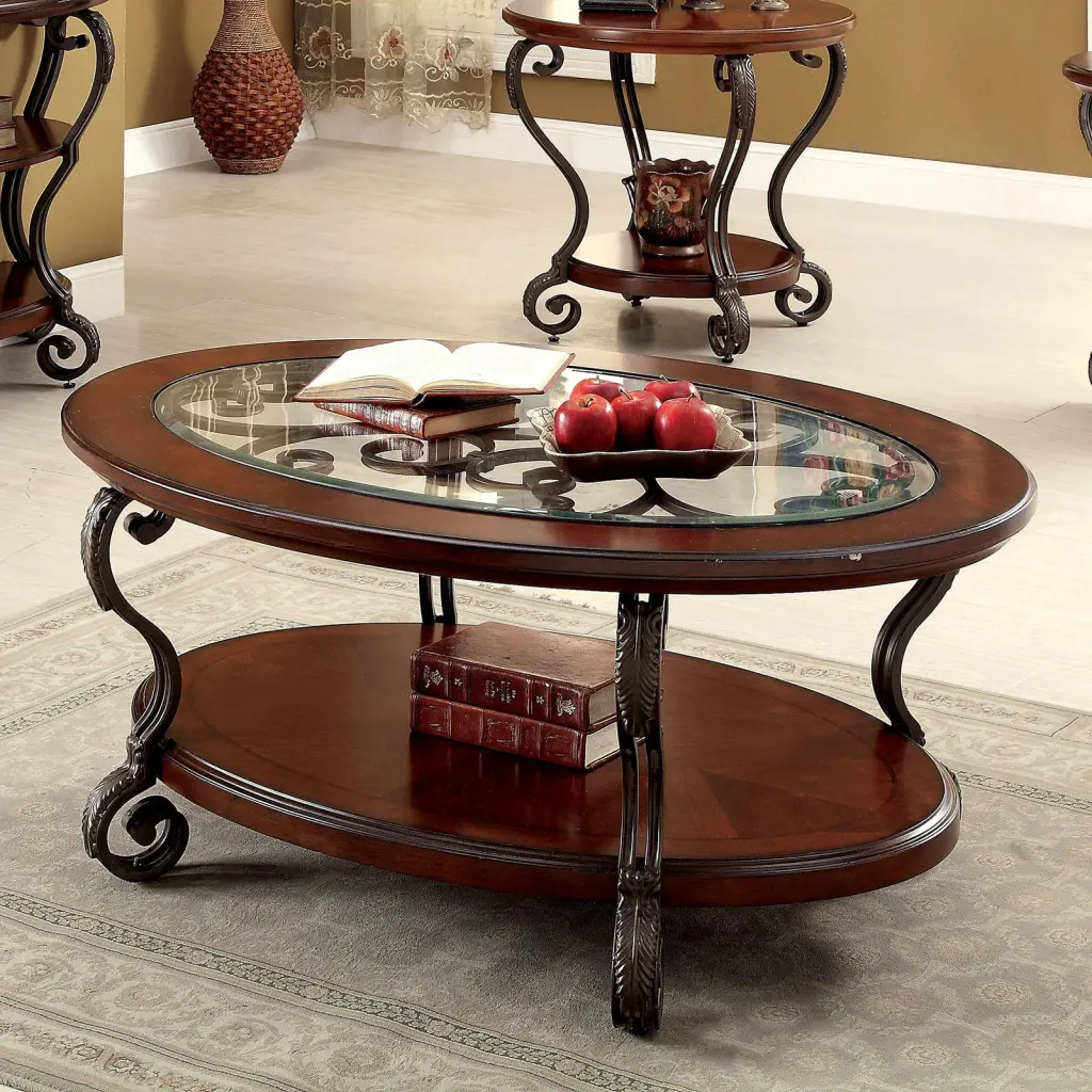 Traditional Style Brown Cherry Coffee Table Open Bottom Shelf Ornamental Living Room Furniture kanepe