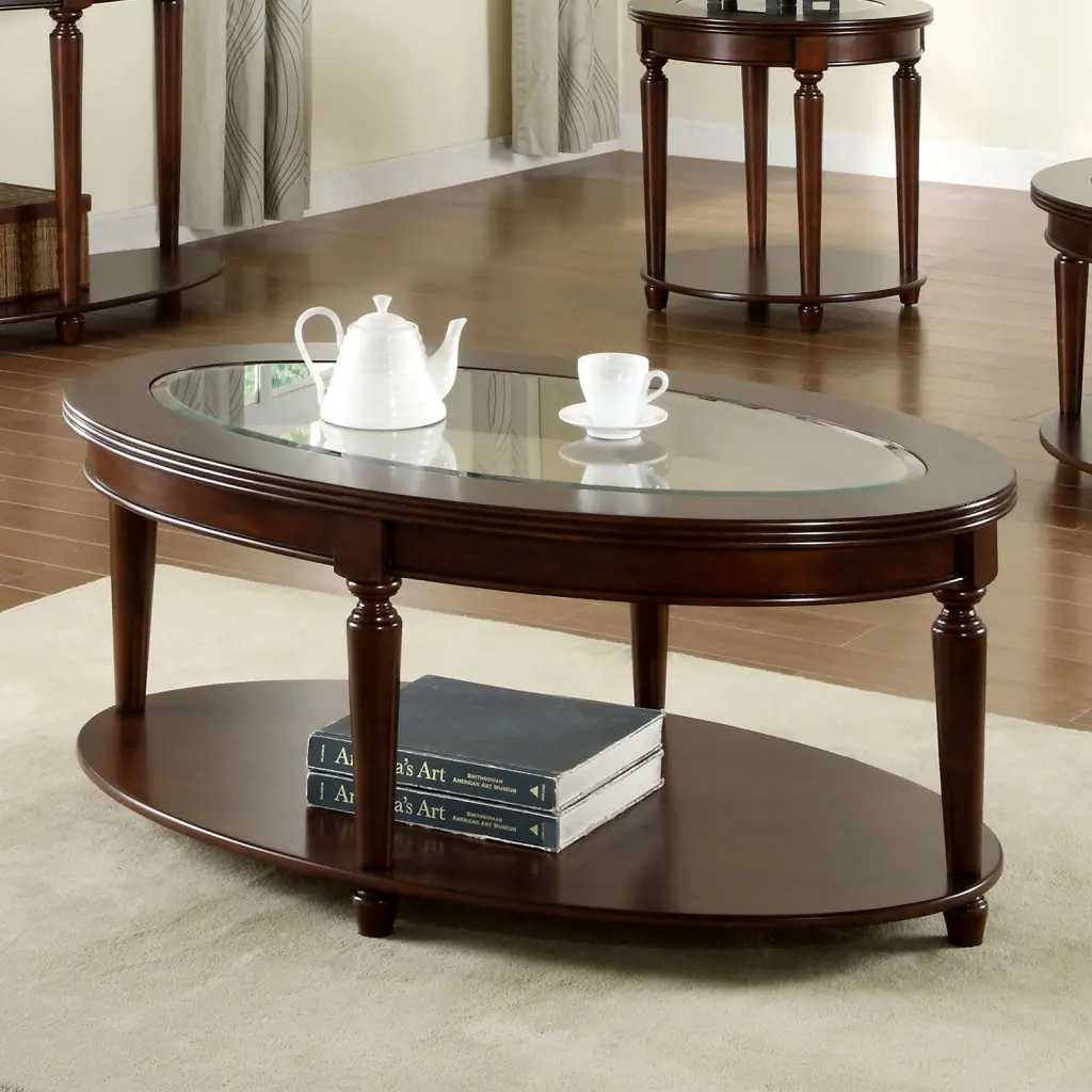 Transitional Coffee Table Dark Cherry Open Shelf Beveled Glass kanepe