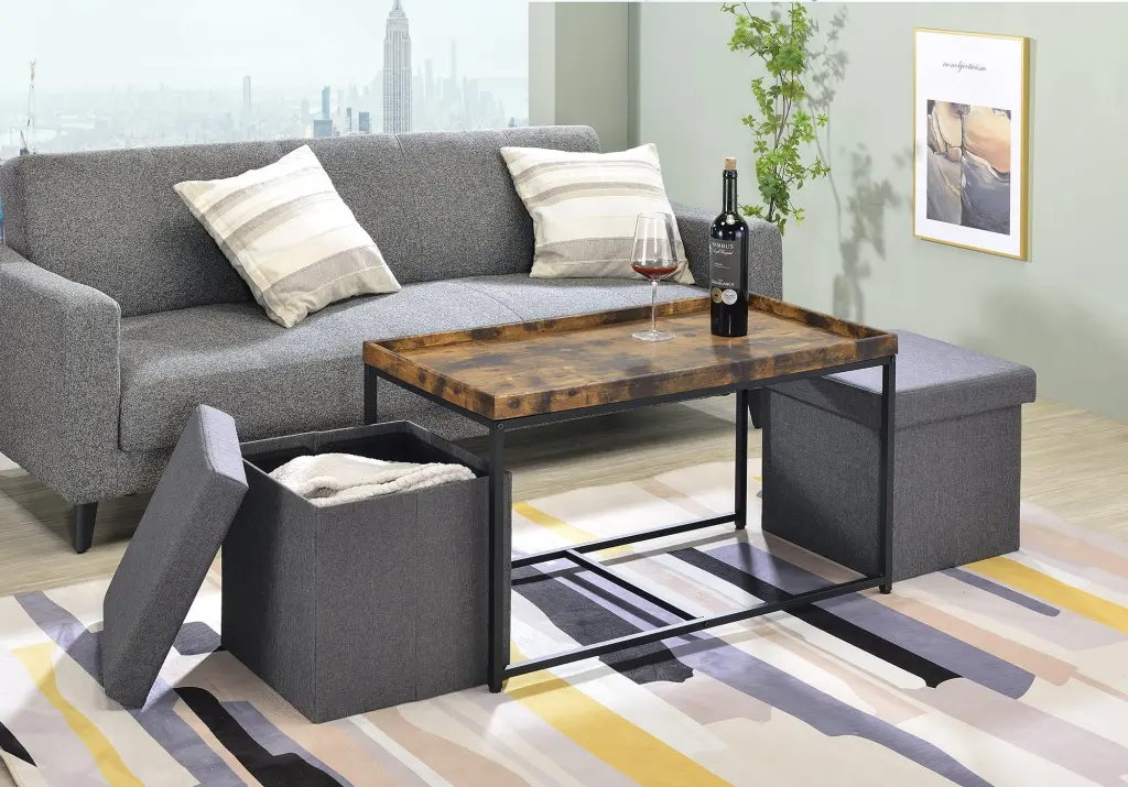 Monty 35 Inch Weathered Oak Wood Grain 3 Piece Coffee Table Set Raised Edge lilola home