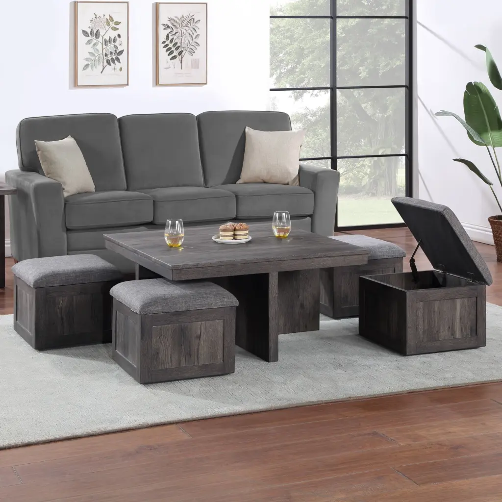 Moseberg 38 Inch Rustic Wood Coffee Table Storage Stools Brown Rubber lilola home