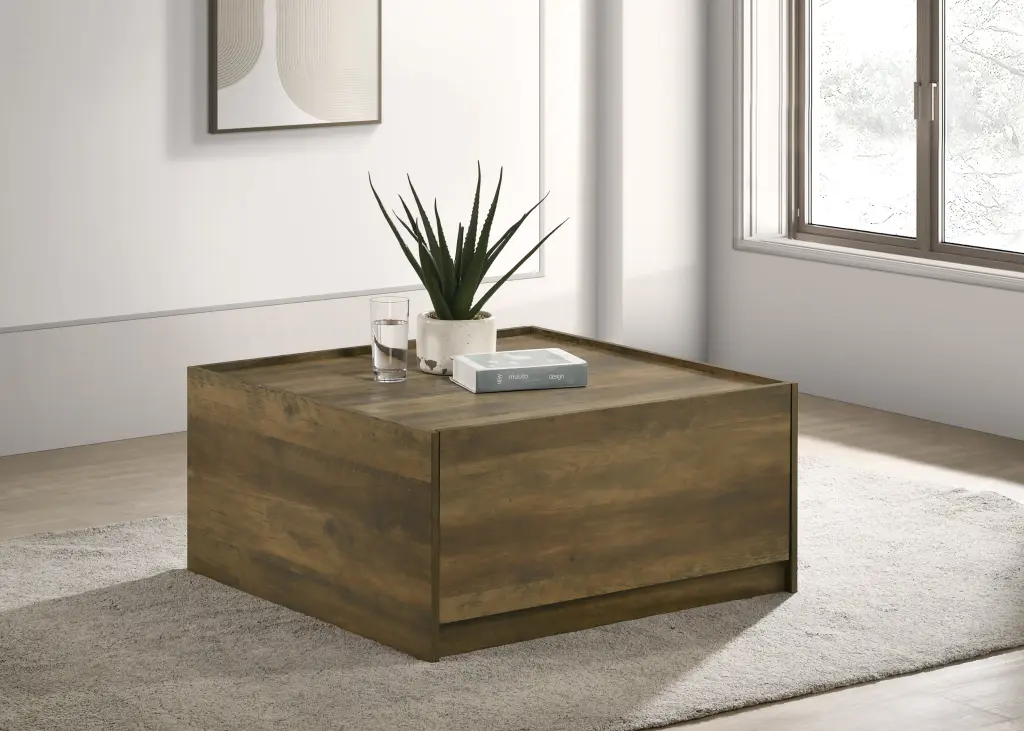 Travon 31.5 Inch Oak Finish Square Coffee Table 2 Drawers - Engineered Oak Wood lilola home