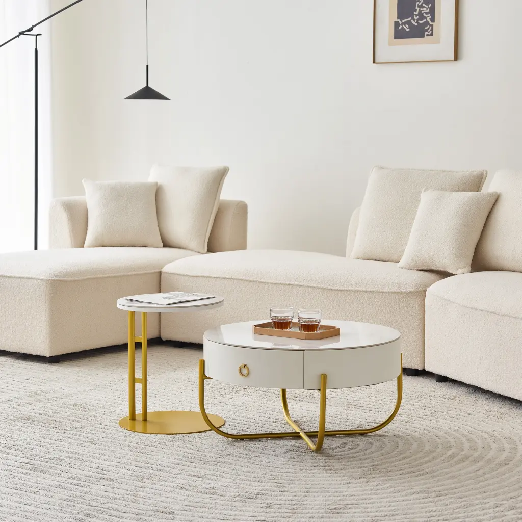 Modern Round Nesting Coffee Table Set 2 Stone Top End Tables modasi