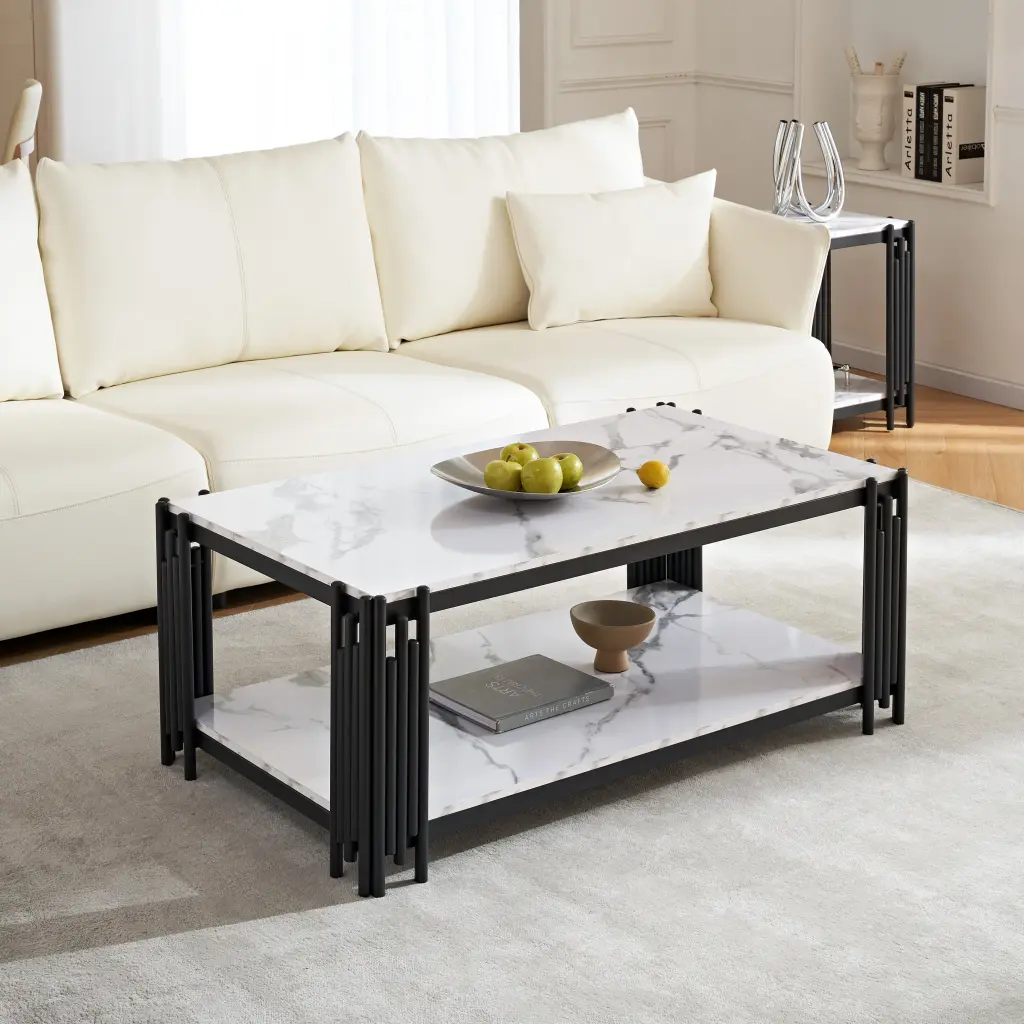 2 Tier Faux Marble Coffee Table Storage Shelf Small Apartments modasi