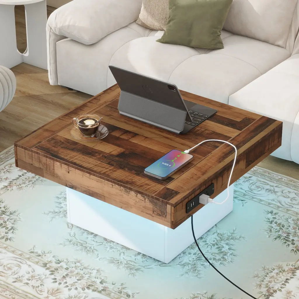 31.4 Inch Farmhouse Coffee Table 2 USB Ports And Outlets Brown Wood on-trend