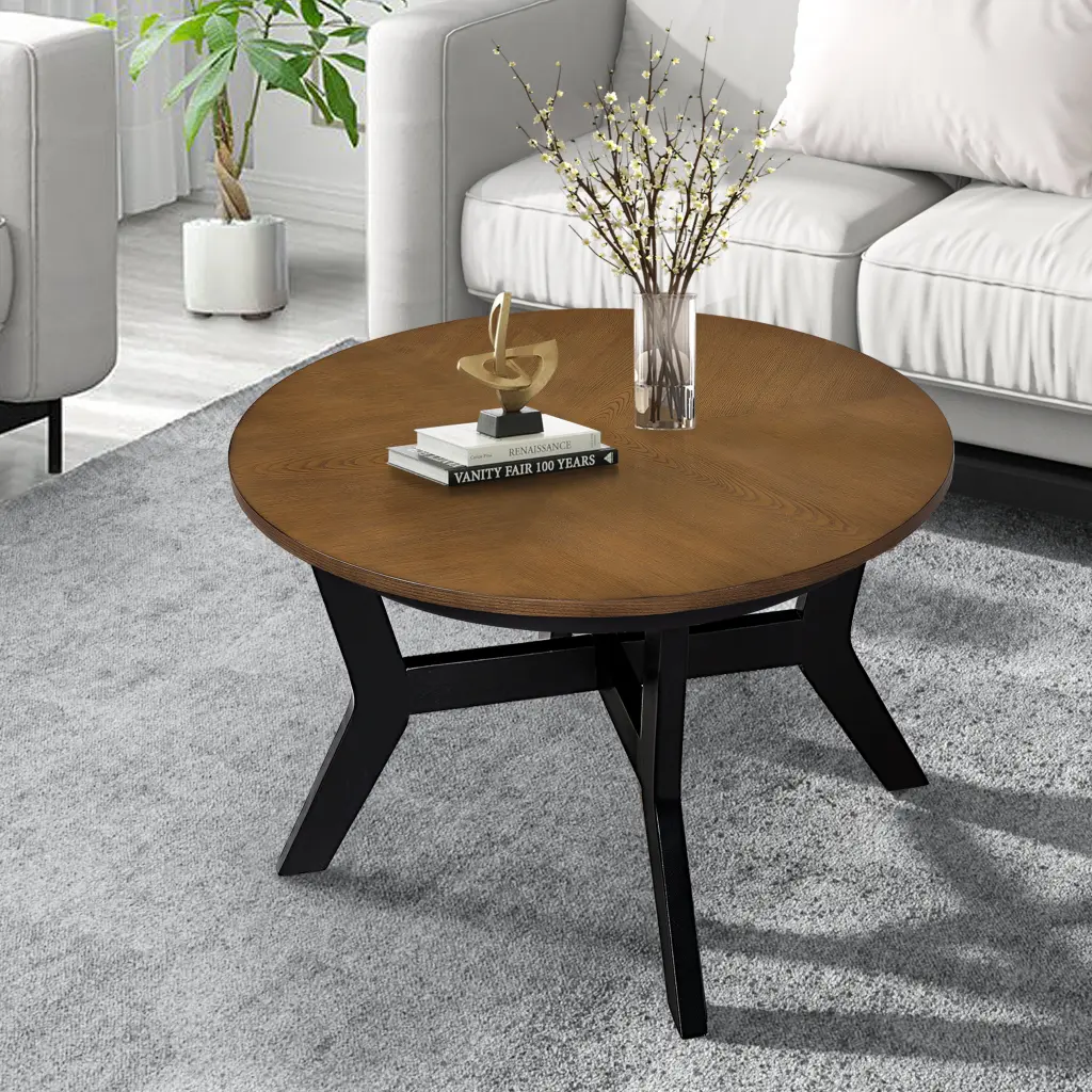 32 Inch Timber Round Coffee Table Living Room Mid Century Farmhouse Style power growth furniture