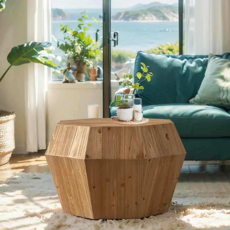 31.5 Inch Octagonal American Retro Style Coffee Table Natural MDF rnb