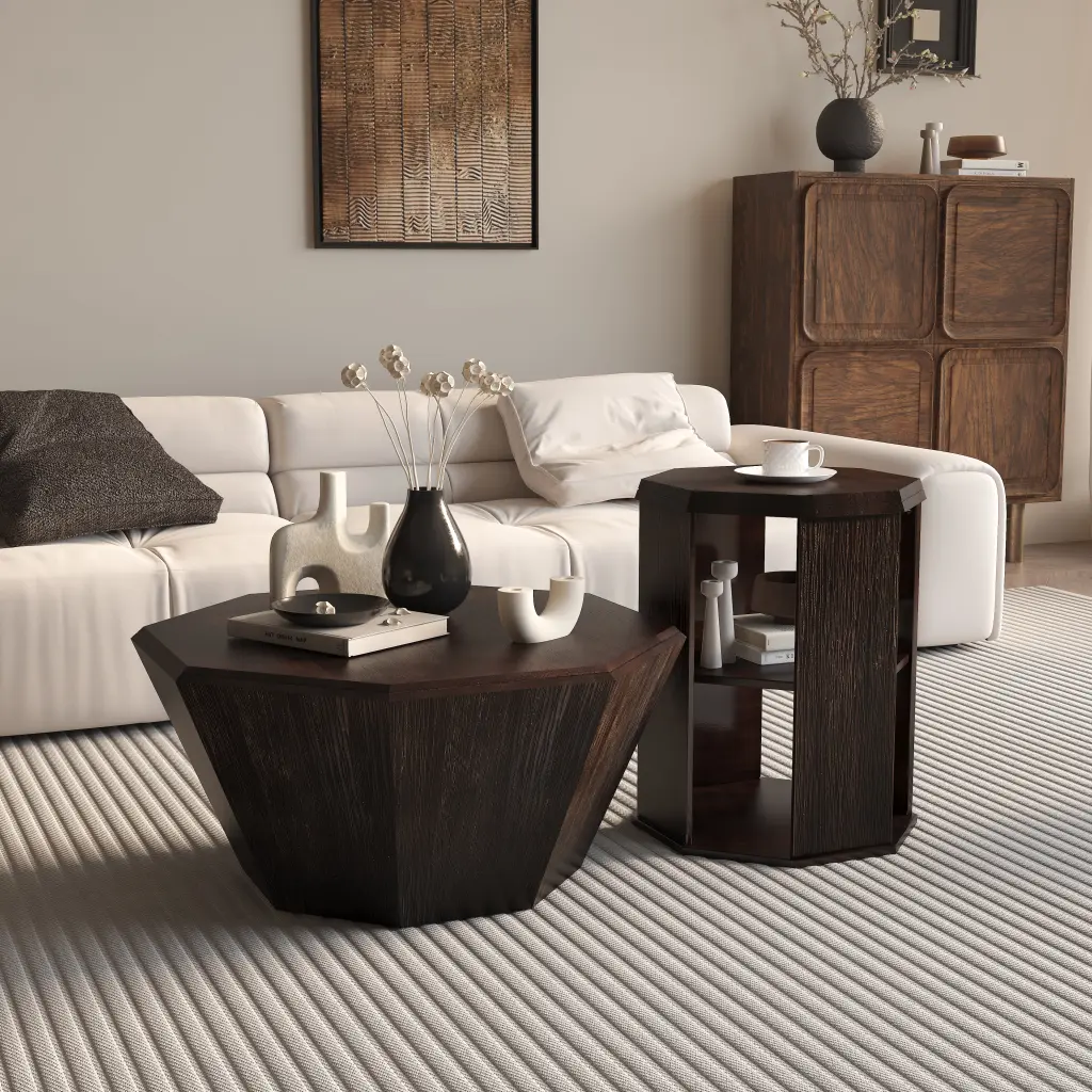 31.5 Inch Octagonal Black Walnut Coffee Table Set 2 rnb