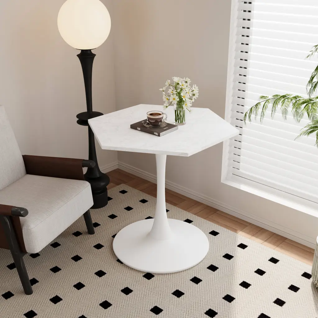 31.50 Inch Modern Hexagonal Coffee Table White Printed Stone Top And Sturdy Base rnb