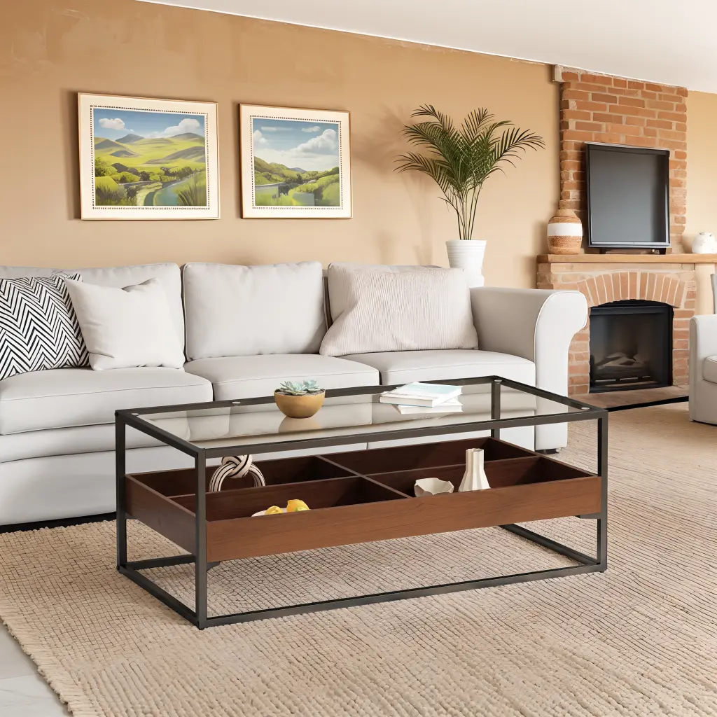 47.24 Inch Rectangle Crystal Coffee Table Storage Shelf And Metallic Legs rnb