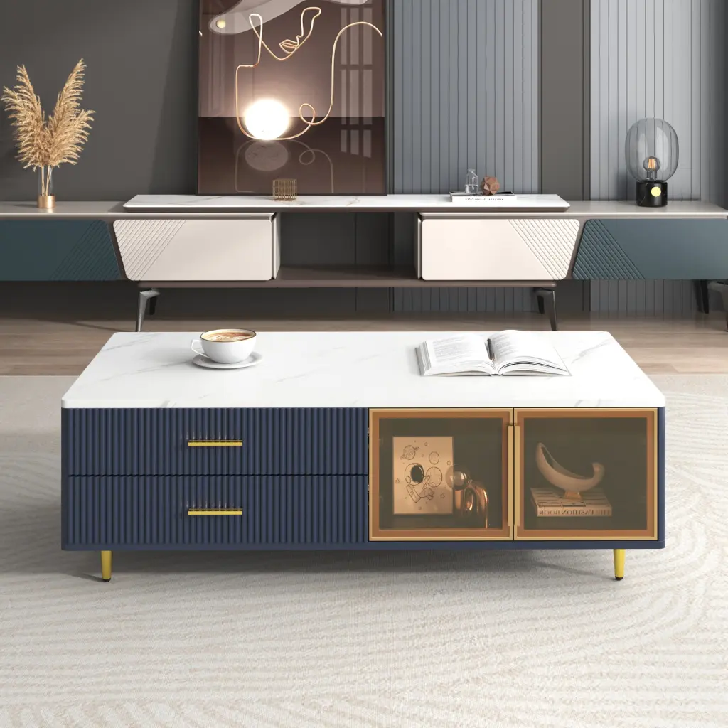 Modern Navy Blue Coffee Table 2 Glass Door Storage 4 Drawers Gold Legs rnb
