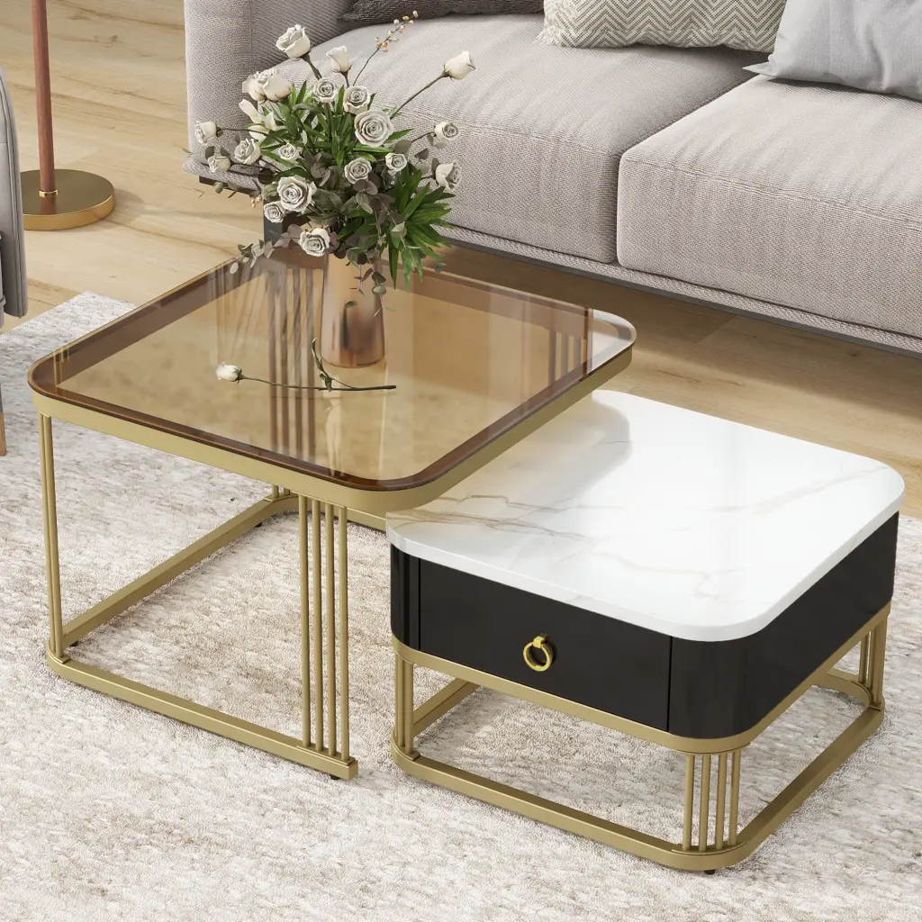Nesting Coffee Table Drawer, Set 2 Exquisite Square Stacking Tables rnb