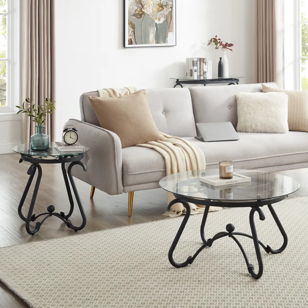 2 Piece Tempered Crystal Surface Coffee Table Set - Modern Decor rnb