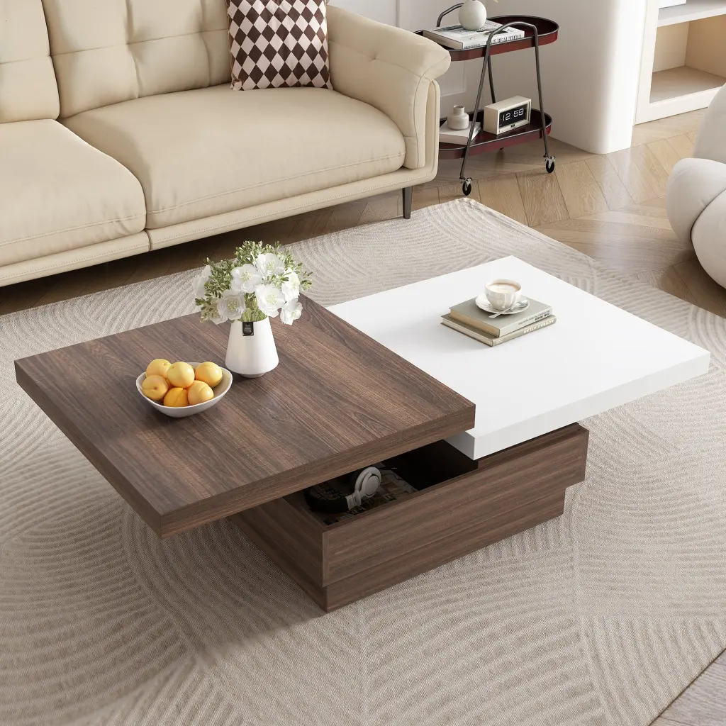 Rotatable Top Coffee Table Modern Square Coffee Table Wood Grain Finish Living Room rnb