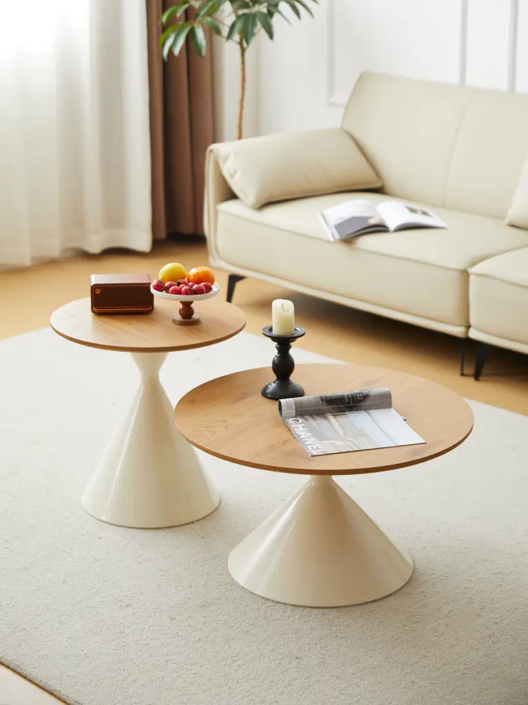 Round Coffee Table White Wood Brown MDF Metal Base Living Room rnb