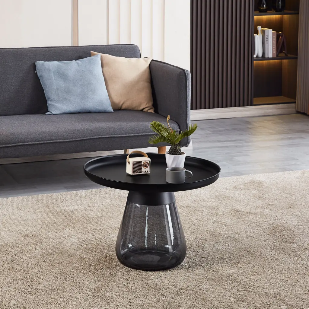 Smoke Crystal Base Black Painting Top Coffee Table - Living Room Centerpiece rnb