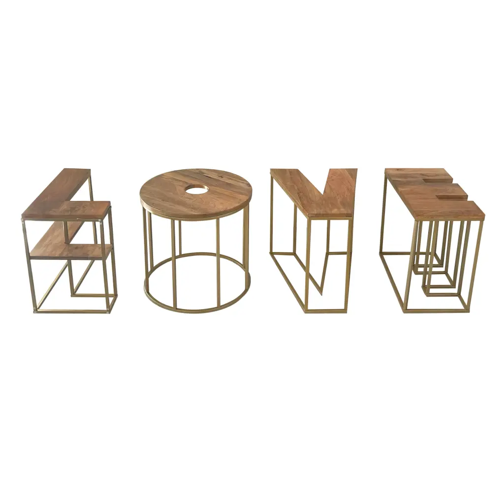 Alphabet Design 4Pc Coffee Table Set Brown Mango Timber Top Antique Brass Base royal hampton