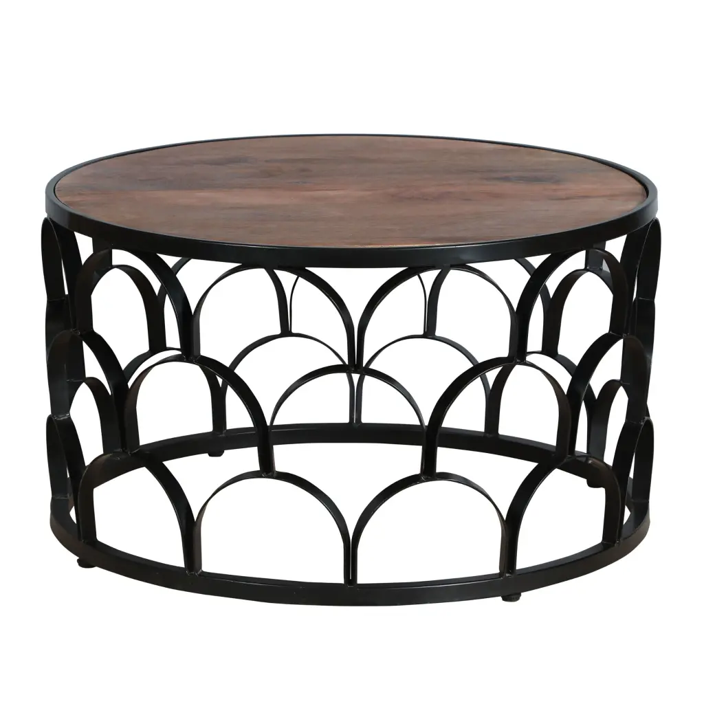 32 Inch Round Coffee Table Mango Timber Top Lattice Cut Out Metallic Frame Modern royal hampton