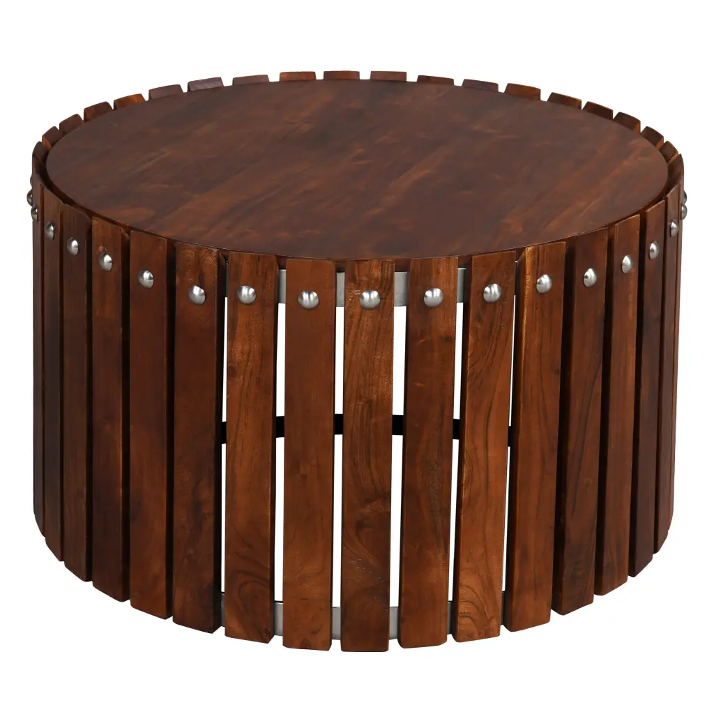 Myla 31 Inch Artisan Made Round Coffee Table Vertical Planks Ferrous Metal Base royal hampton
