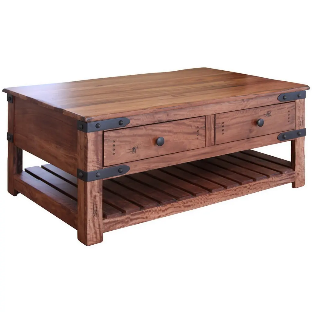 Umey 50 Inch 4 Drawer Coffee Table Slatted Bottom Shelf Brown Solid Wood royal hampton